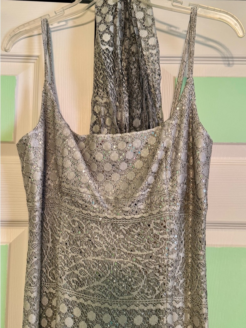 Betsy & Adam Silver-Beige Lace Evening Dress